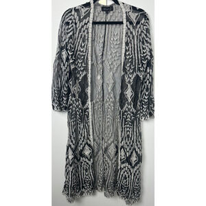 Whispers NY Black Mesh Floral Embroidered Long Sleeve Duster -Sz L Open A6